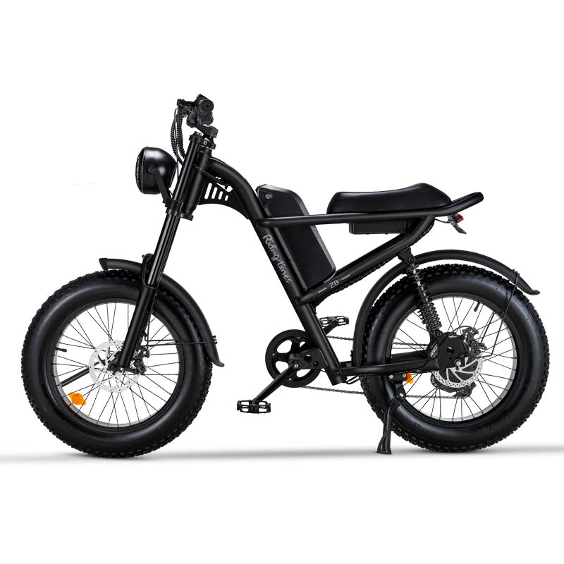 Ridefaboard Z8 elektrische fiets, veervering, dikke banden, Shimano 7-speed e-bike, zwart